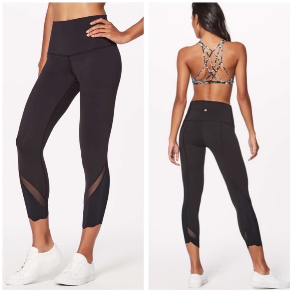 Scalloped Black Mesh Panel cropped Leggings